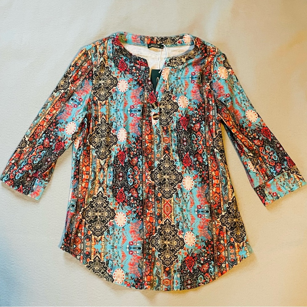 A-line 3 quarter sleeve vibrant boho top perfect for various occasions!